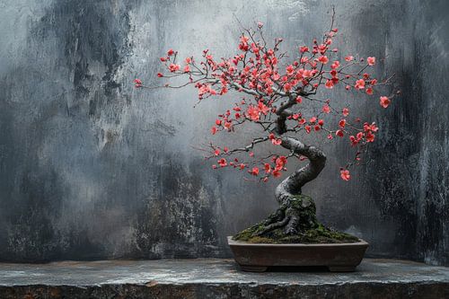 Bonsai boom amandelbloesem met rode bloemen