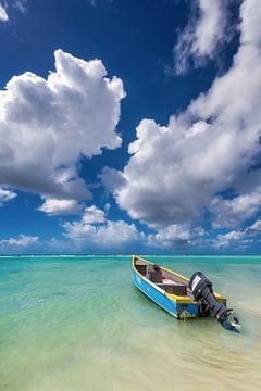 Vissersboot in de turquoise zee in het Caribisch gebied op het eiland Barbados. van Voss Fine Art Fotografie