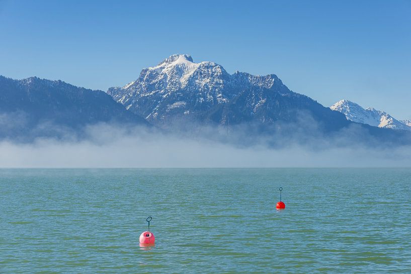 Ochtendsfeer bij de Forggensee achter de Säuling, 2047m, Ammergauer Alpen van Walter G. Allgöwer