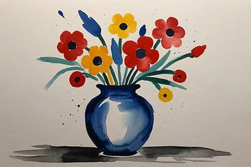 Vase avec fleurs à l'aquarelle sur De Muurdecoratie