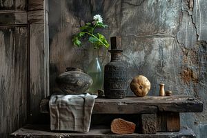 Nature morte champêtre d'une table en bois, de vases et de fonds en béton