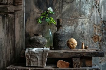 Country still life of a wooden table vases and concrete backgrounds