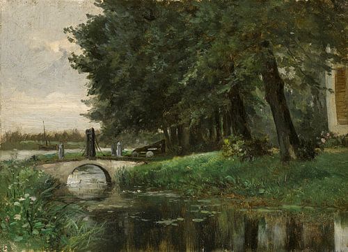 Carlos de Haes-Rivier bossen boogbrug landschap, Antiek landschap