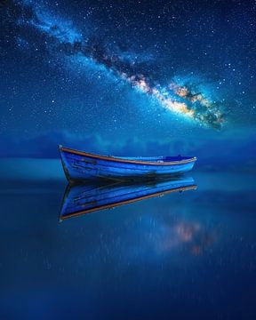 Liefdesboot in het maanlicht van fernlichtsicht