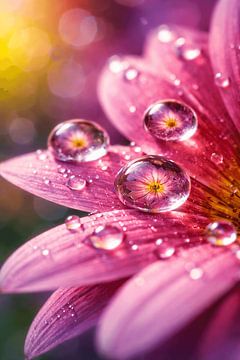 Roze madeliefje met dauwdruppel – macrofotografie