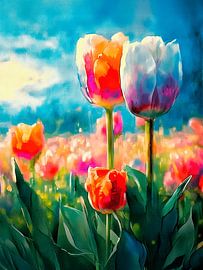 FRÜHLING: Bunte Tulpen im sanften Aquarellstil im Keukenhof