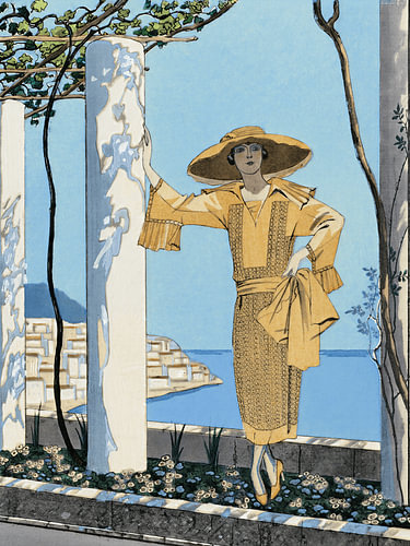 Illustration de mode Art déco représentant une femme élégante sur la côte amalfitaine.