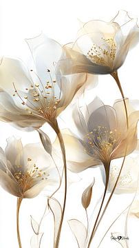 blanc et or - fleurs et plumes sur Gelissen Artworks