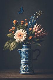 Flowers in a Delft blue jug by PixelMint.