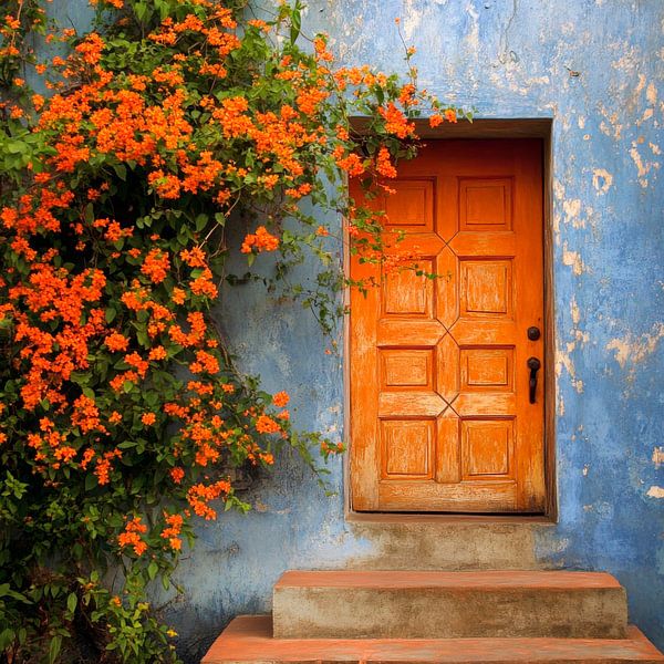 Blooming door in blue and orange by Poster Art Shop