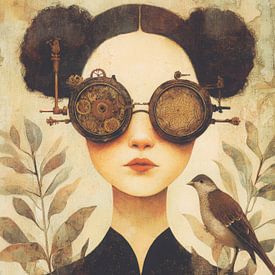 Poetic portrait of a woman with steampunk glasses and bird in a dreamy botanical setting by But First Framing