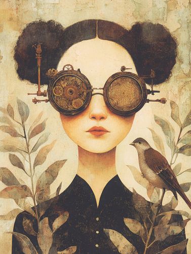 Poetisches Porträt einer Frau mit Steampunk-Brille und Vogel in einer verträumten botanischen Umgebung von But First Framing