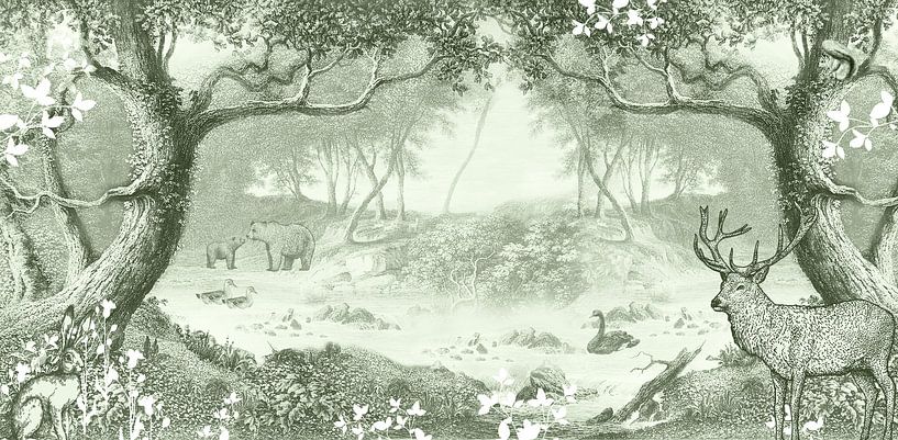 Forêt de Bohème avec arbres en mono teinte de vert vintage par Studio POPPY