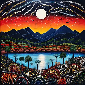 maan over blauwe bergen Aboriginal schilderij van Virgil Quinn - Decorative Arts