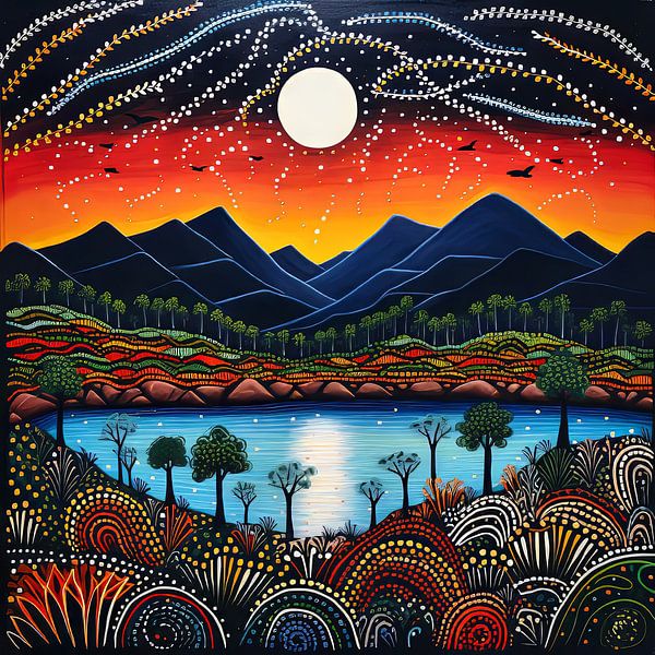 moon over blue mountains Aboriginal Painting by Virgil Quinn - Decorative Arts