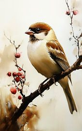 Japandi Vogelkunst mit Winterbeeren von Claudia Rotermund