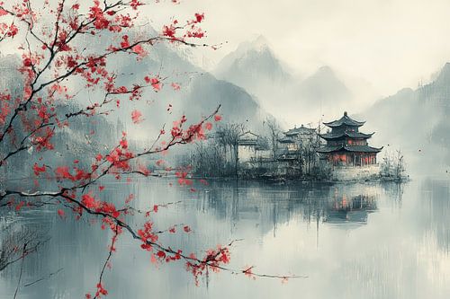 japanse kunst dorp aan het water