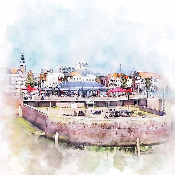 Watercolour painting of the Ruyterplein in Vlissingen, Zeeland by Danny de Klerk