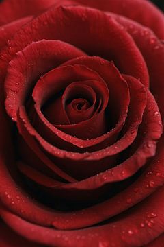 Rose rouge avec gouttes de rosée, gros plan sur De Muurdecoratie