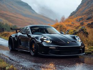 Porsche 911 GT3 noire dans les Highlands