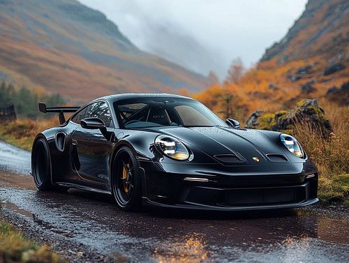 Porsche 911 GT3 noire dans les Highlands
