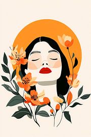 Frau mit Blumen und orangefarbenem Licht von Poster Art Shop