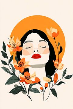 Vrouw met bloemen en oranje licht van Poster Art Shop