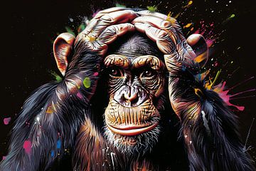 Realistisch schilderij van aap met kleurenexplosie