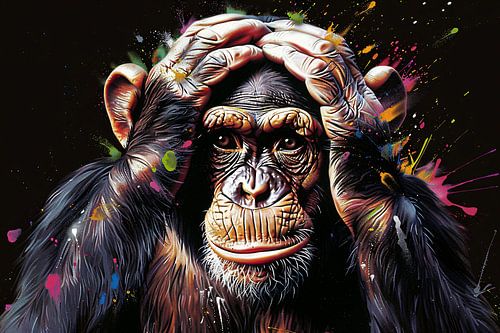 Realistisch schilderij van aap met kleurenexplosie