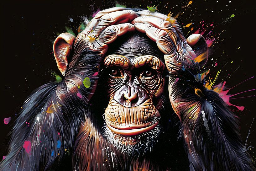 Realistisch schilderij van aap met kleurenexplosie van Art & Soul Creations
