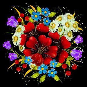 Bouquet coloré (art, carré, fond noir)