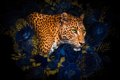 Artwork of leopard with flowers and golden leaves