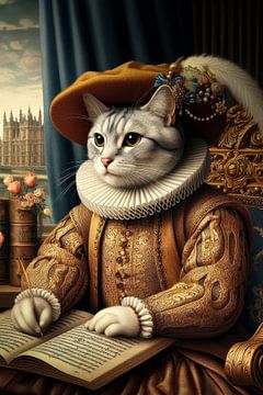Portret kat in renaissance stijl met boek van Ellen Van Loon
