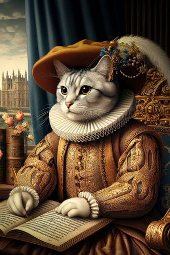Portret kat in renaissance stijl met boek