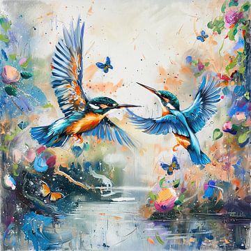 Abstracte ijsvogels aquarel explosie van kleur van Mel Digital Art