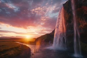 Roter Himmel, tosender Wasserfall
