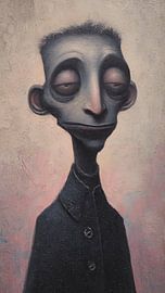 Düsteres, surrealistisches, groteskes Porträt mit verzerrter Anatomie und unheimlich ruhigem Gesichtsausdruck im zeitgenössischen Lowbrow-Ölmalereistil von Aden Pink Studio