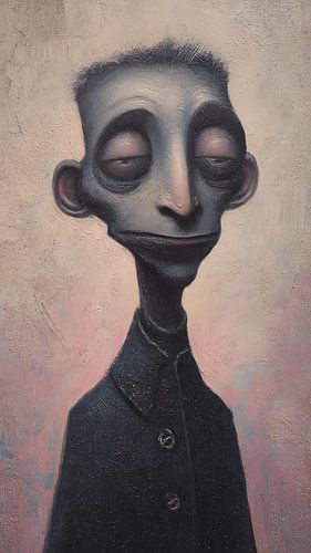 Düsteres, surrealistisches, groteskes Porträt mit verzerrter Anatomie und unheimlich ruhigem Gesichtsausdruck im zeitgenössischen Lowbrow-Ölmalereistil