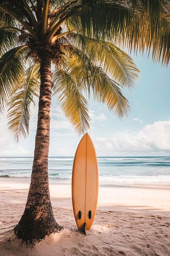 Surfen onder palmbomen op het strand