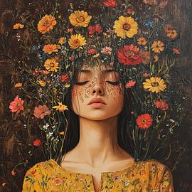 Blumenkopf | Junge Frau Blumen von Blickfänger Gemälde