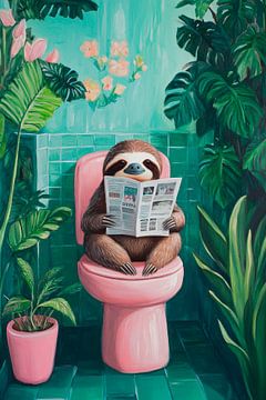 Luie hond in een kleurrijke badkamer van Poster Art Shop