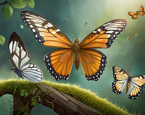 Realistisches Schmetterlings Set. Fliegende Insekten, isoliert, Kunstdesign-Garten Hintergrund