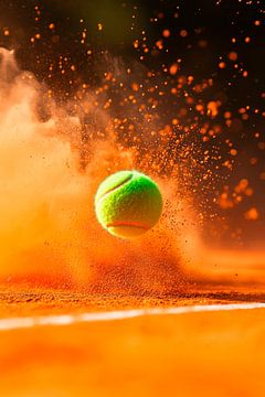 Tennisbal in het spel op een gravelbaan van Poster Art Shop