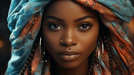 Porträt einer jungen afrikanischen Frau mit farbenfrohen leuchtenden Augen, glänzenden Lippen und einem blauen Kopftuch mit Bokeh im Hintergrund, filmisches Design