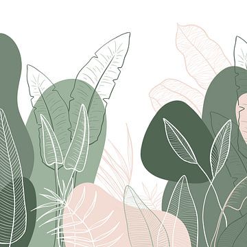 Motif tropical moderne - illustration feuilles vertes roses sur Studio Hinte