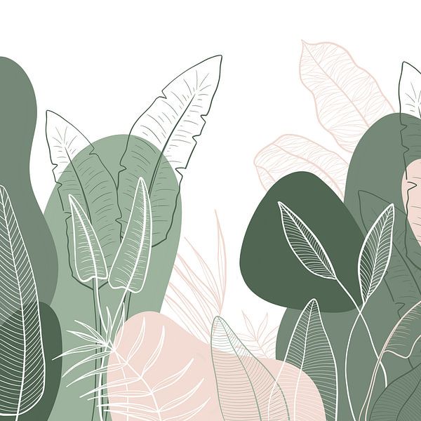 Woordenlijst Analist Van hen Modern tropisch patroon - illustratie bladeren groen roze van Studio Hinte  op canvas, behang en meer