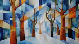 Trees without branches and snow: abstract cubism panorama
