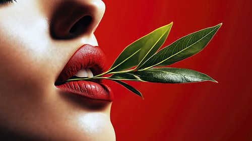Vrouw met bladeren tussen rode lippen