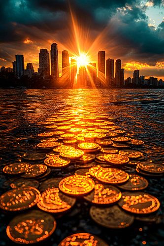 Zonsondergang boven stad en munten