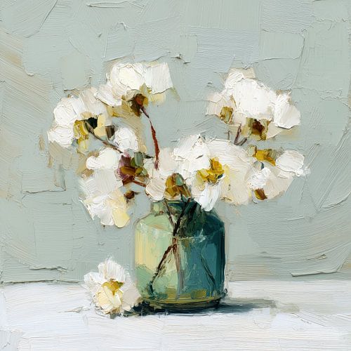 Witte bloemen in glazen pot abstract stilleven